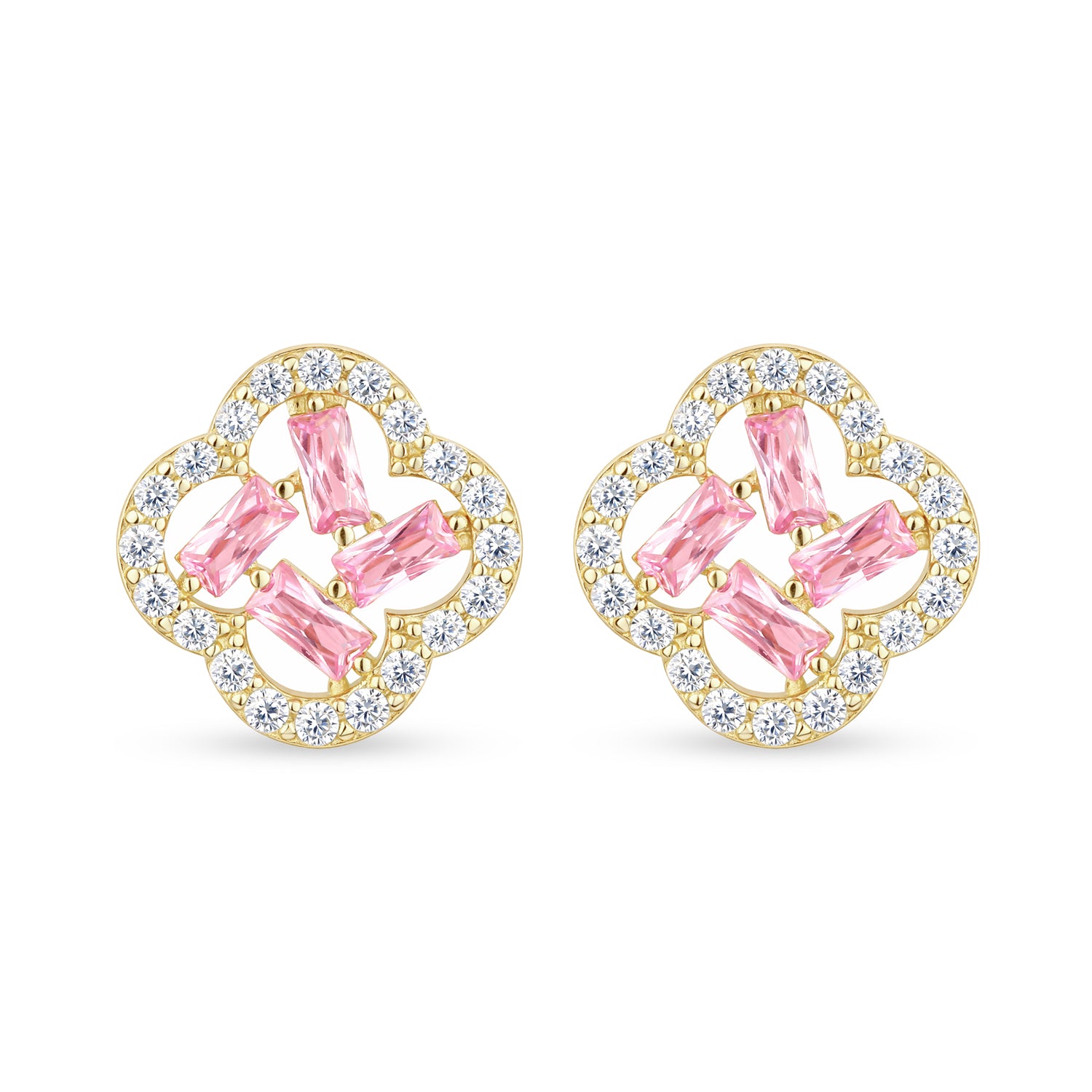 9ct Yellow Gold Pink Cubic Zirconia Baguette Quatrefoil Stud Earrings