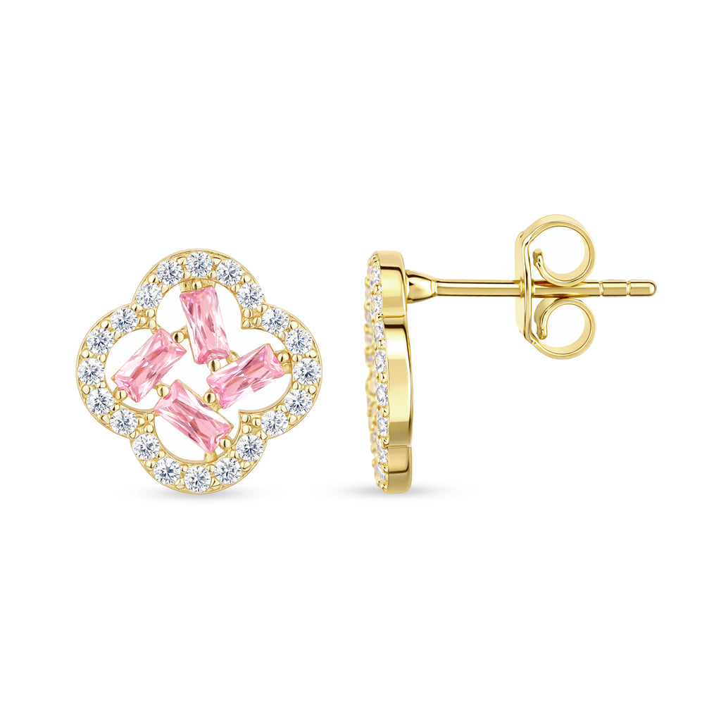 9ct Yellow Gold Pink Cubic Zirconia Baguette Quatrefoil Stud Earrings