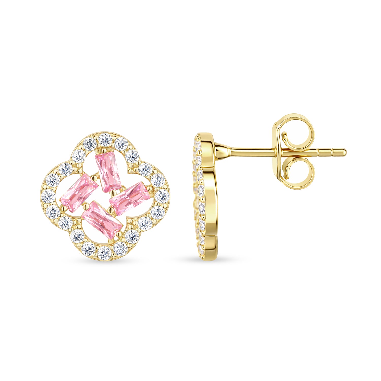 9ct Yellow Gold Pink Cubic Zirconia Baguette Quatrefoil Stud Earrings