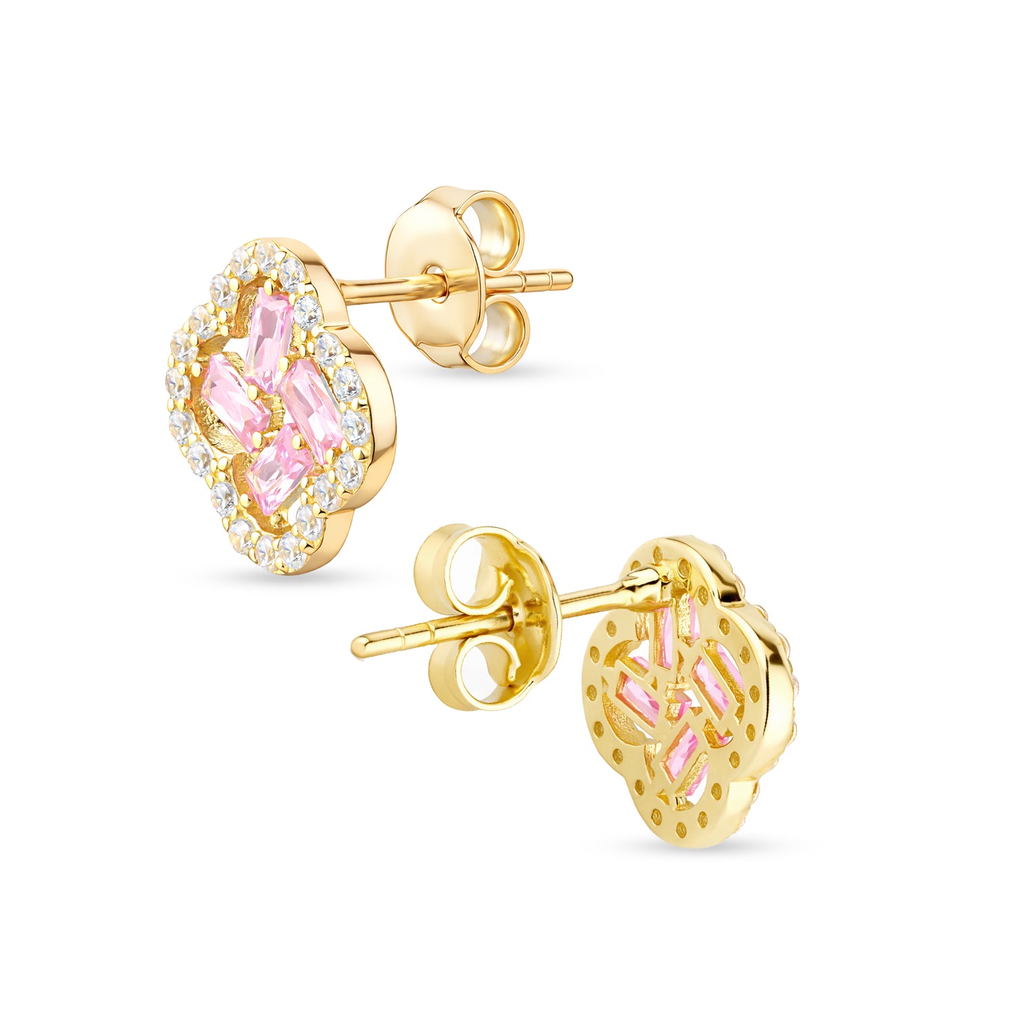 9ct Yellow Gold Pink Cubic Zirconia Baguette Quatrefoil Stud Earrings