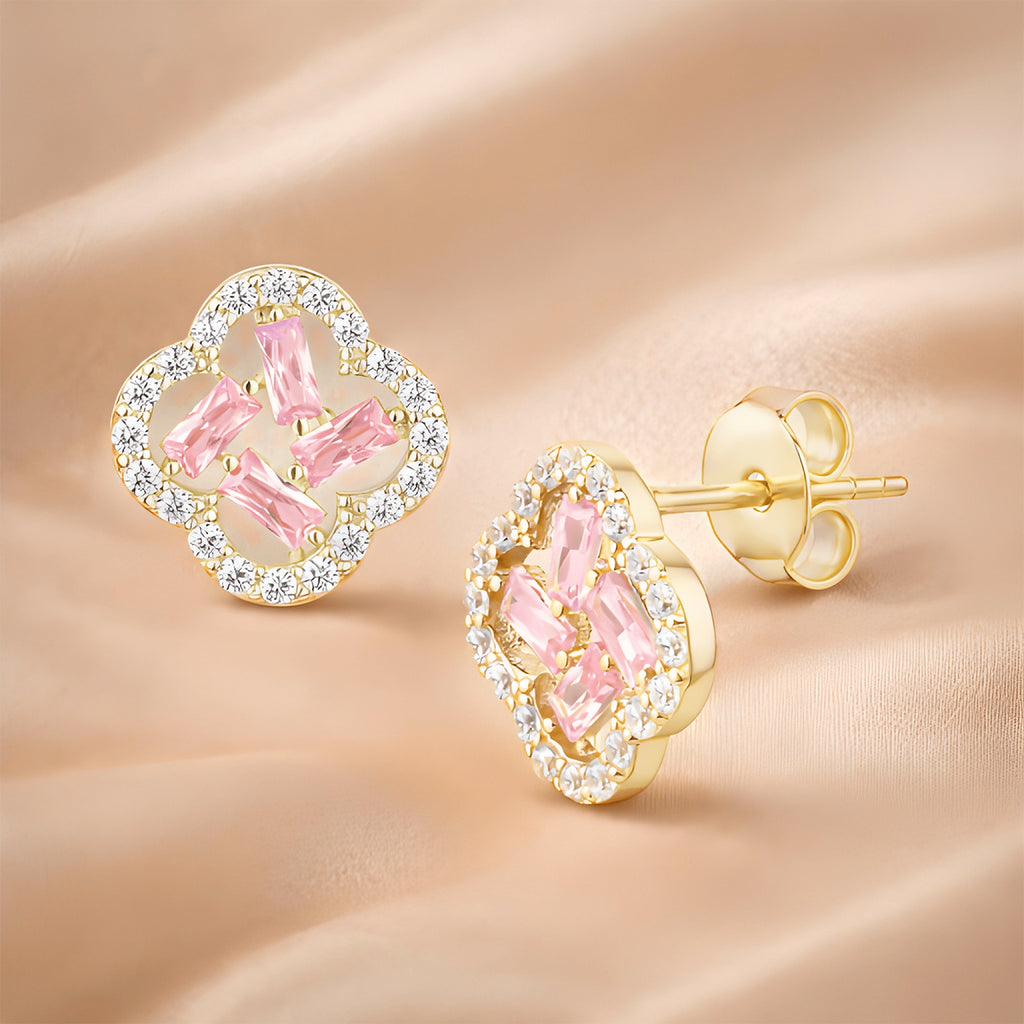9ct Yellow Gold Pink Cubic Zirconia Baguette Quatrefoil Stud Earrings