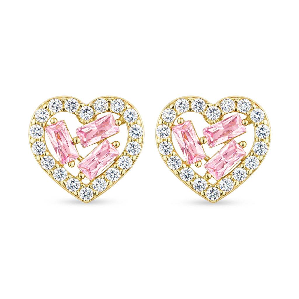 9ct Yellow Gold Pink Cubic Zirconia Baguette Heart Stud Earrings