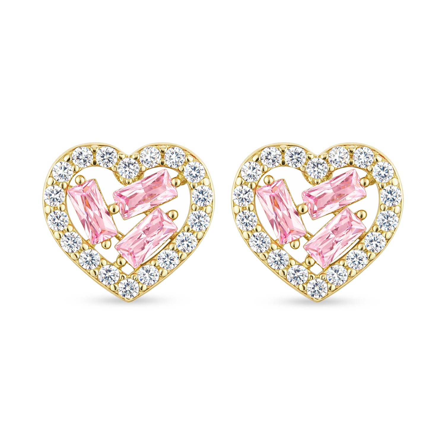 9ct Yellow Gold Pink Cubic Zirconia Baguette Heart Stud Earrings