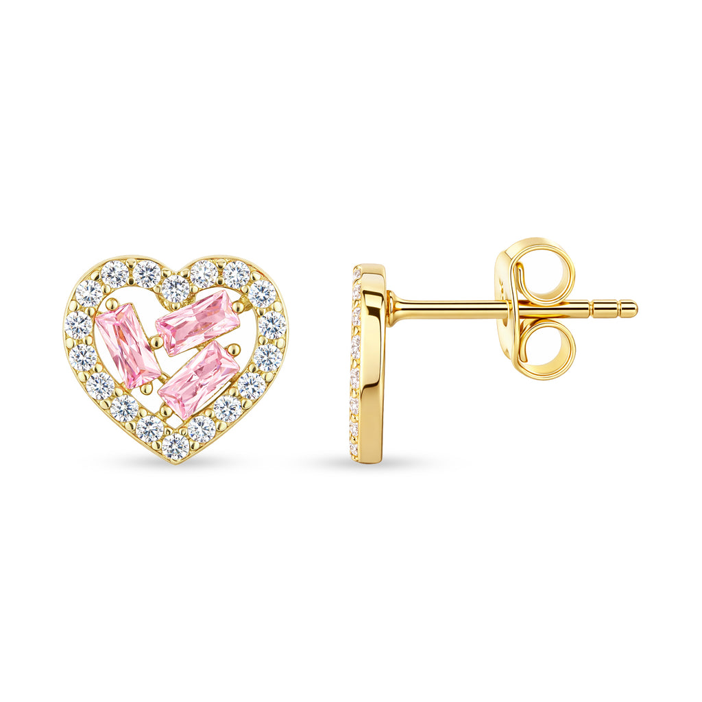 9ct Yellow Gold Pink Cubic Zirconia Baguette Heart Stud Earrings