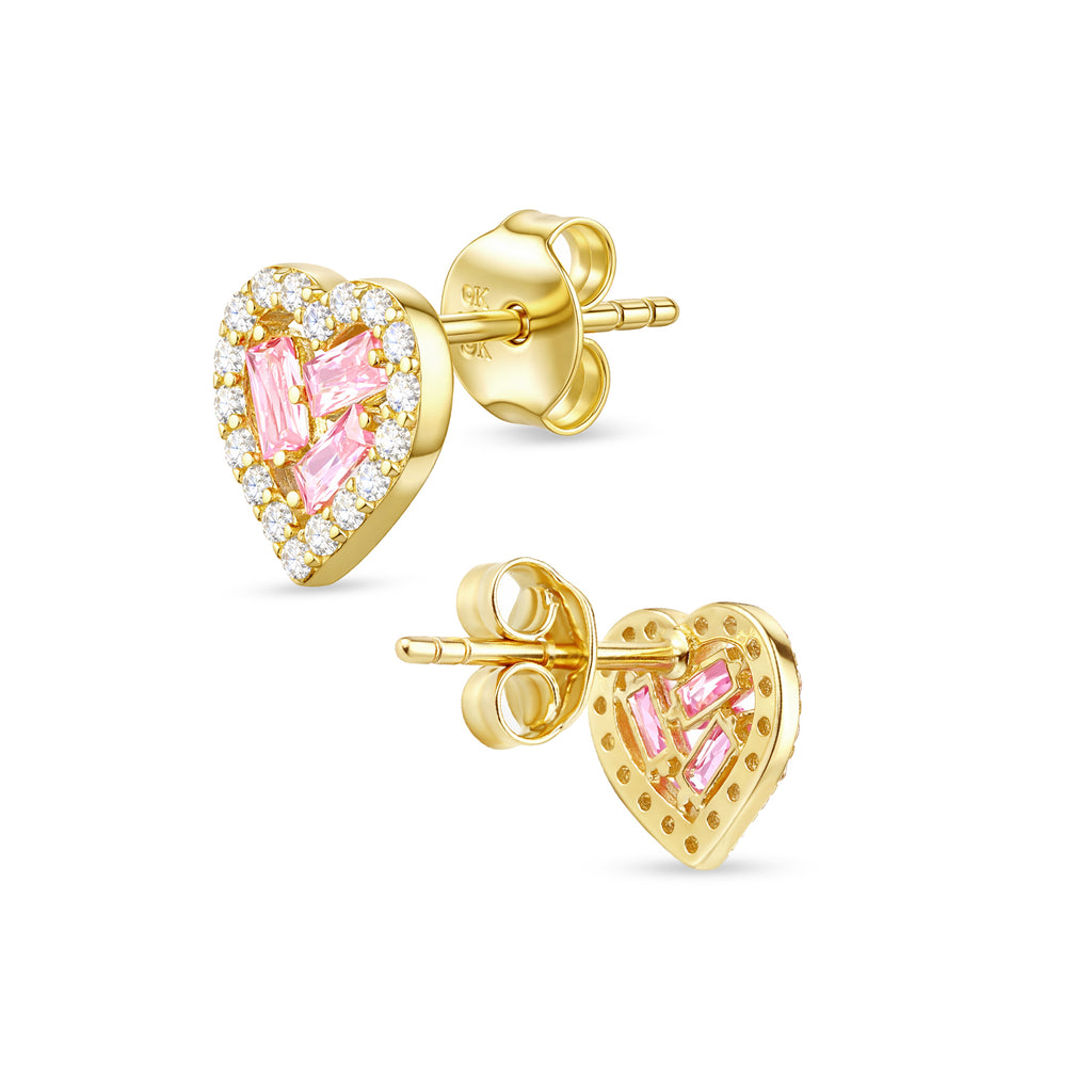 9ct Yellow Gold Pink Cubic Zirconia Baguette Heart Stud Earrings