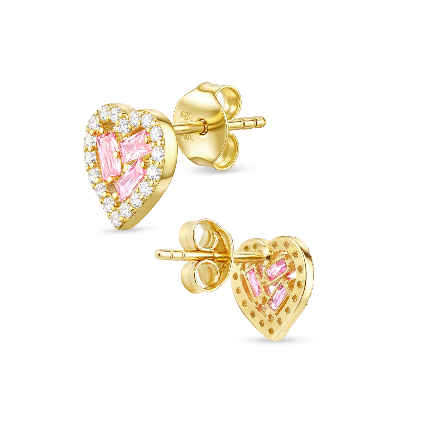 9ct Yellow Gold Pink Cubic Zirconia Baguette Heart Stud Earrings