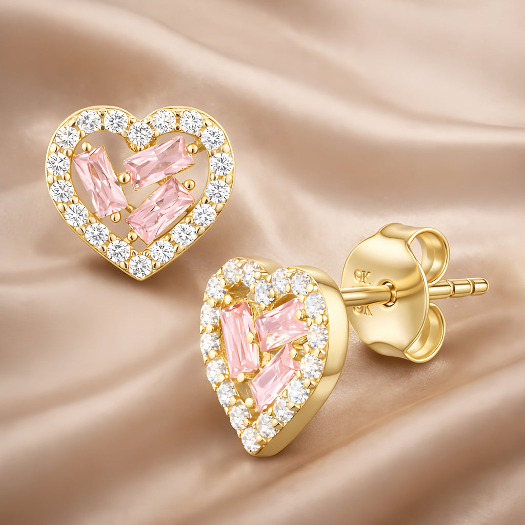 9ct Yellow Gold Pink Cubic Zirconia Baguette Heart Stud Earrings