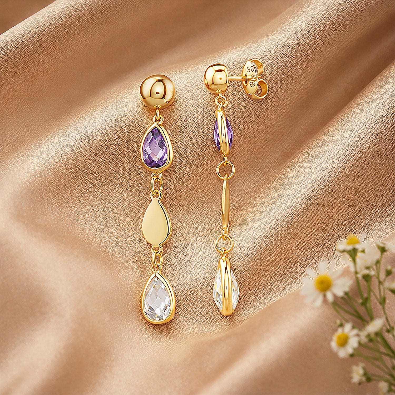 9ct Yellow Gold Multi Colour Pear Cut Cubic Zirconia Drop Earrings