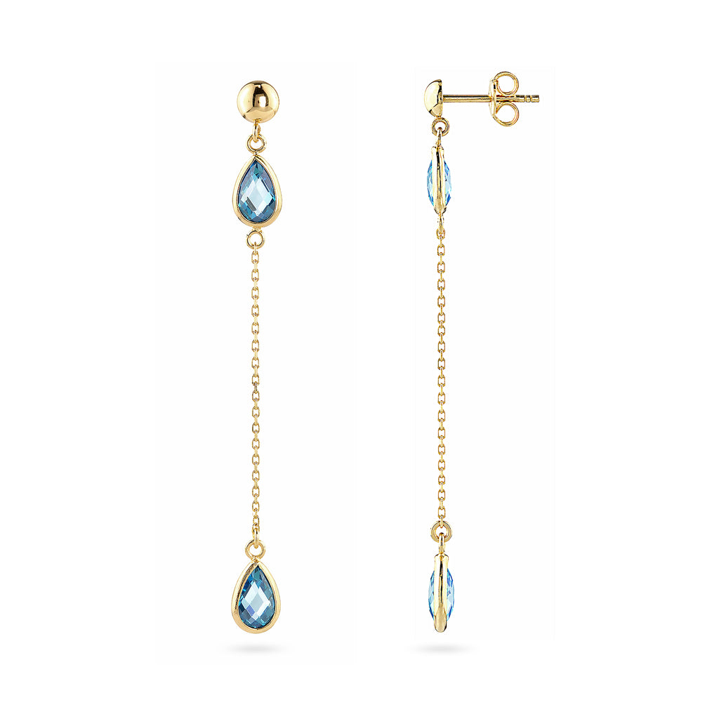 9ct Yellow Gold Blue Pear Cut Cubic Zirconia Drop Earrings – Trilogy Bezel Set Station Design