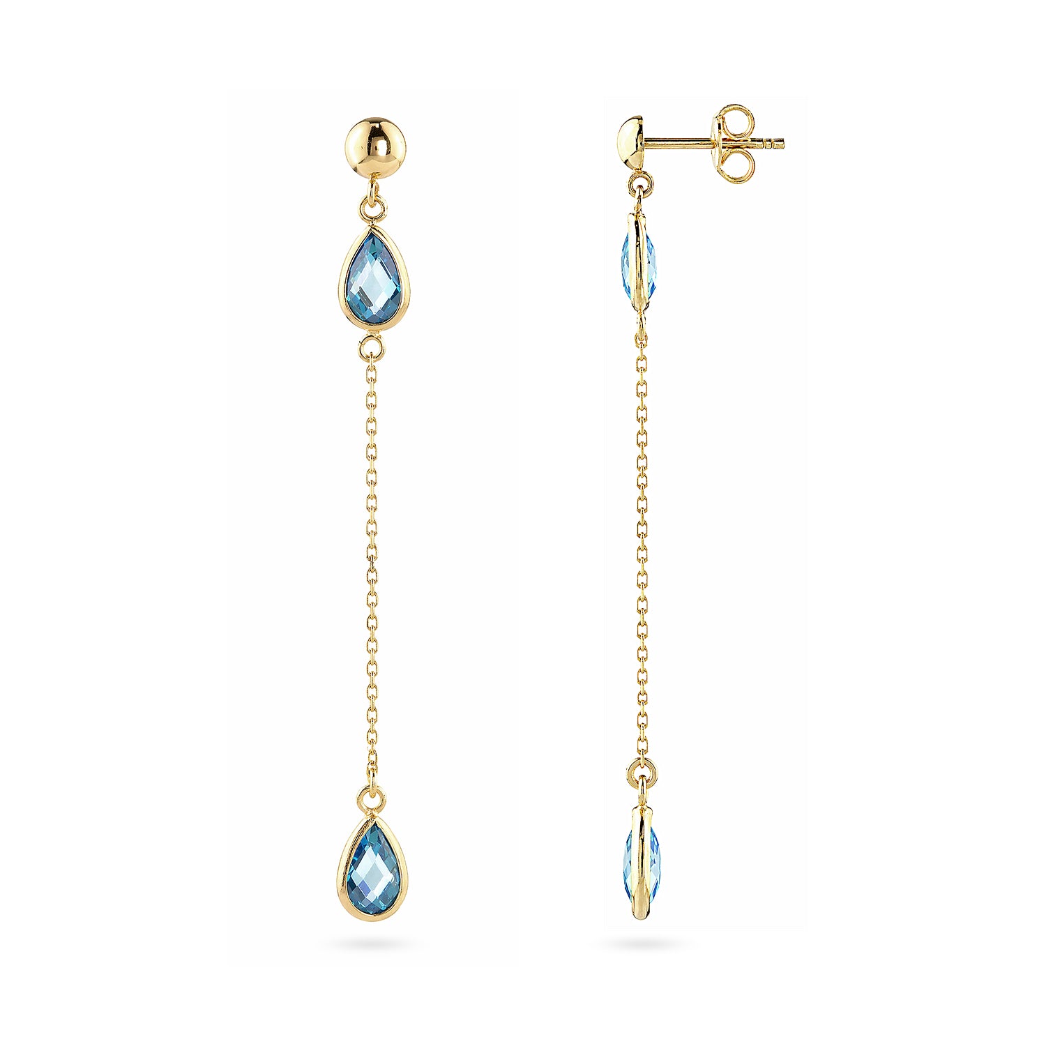9ct Yellow Gold Blue Pear Cut Cubic Zirconia Drop Earrings – Trilogy Bezel Set Station Design