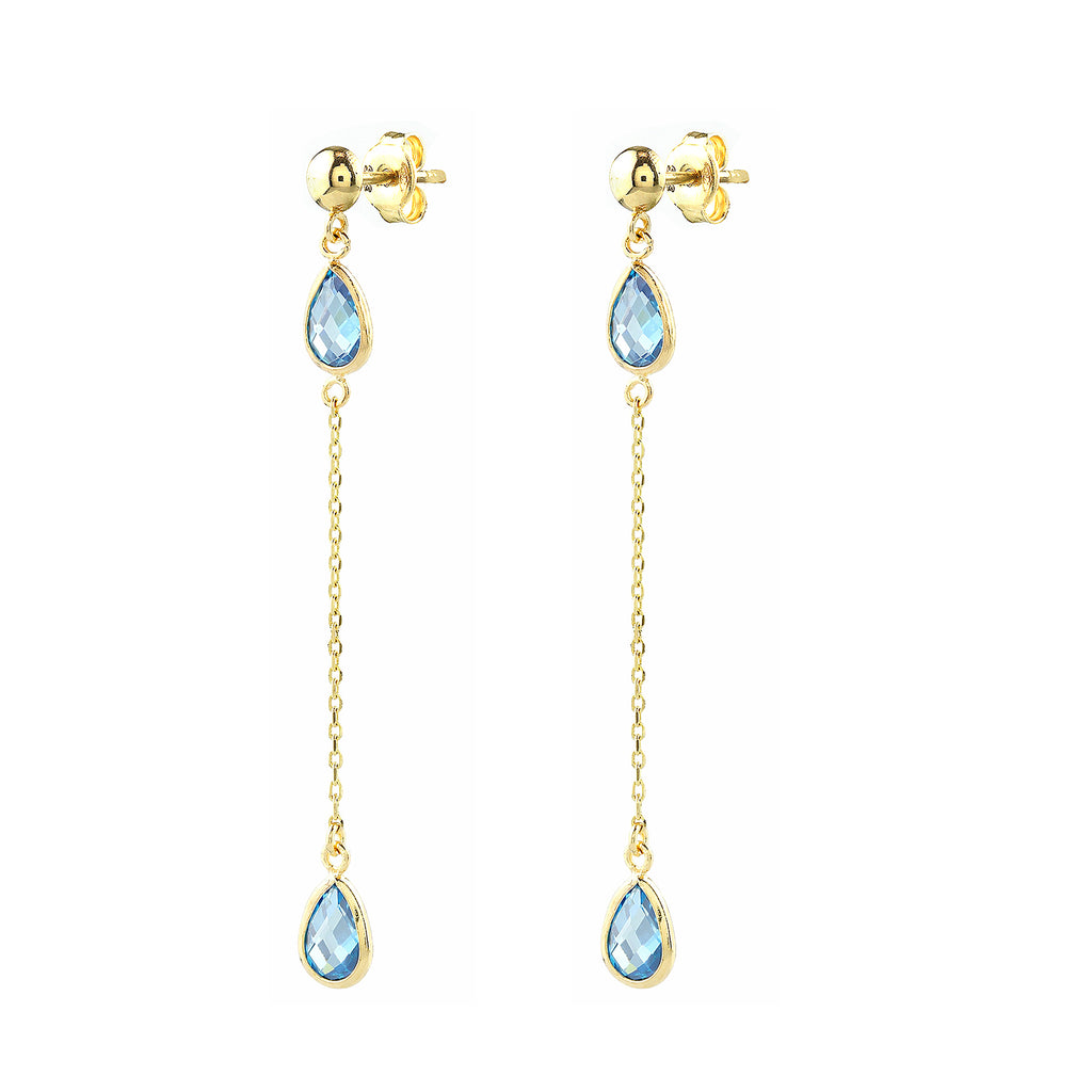 9ct Yellow Gold Blue Pear Cut Cubic Zirconia Drop Earrings – Trilogy Bezel Set Station Design