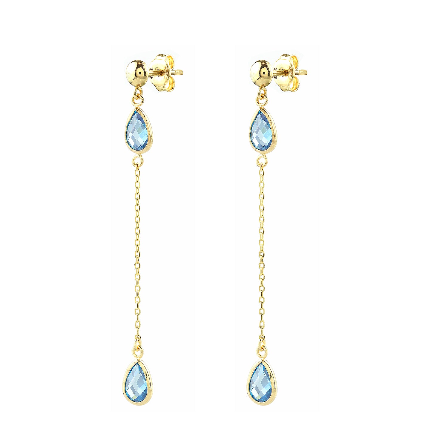 9ct Yellow Gold Blue Pear Cut Cubic Zirconia Drop Earrings – Trilogy Bezel Set Station Design