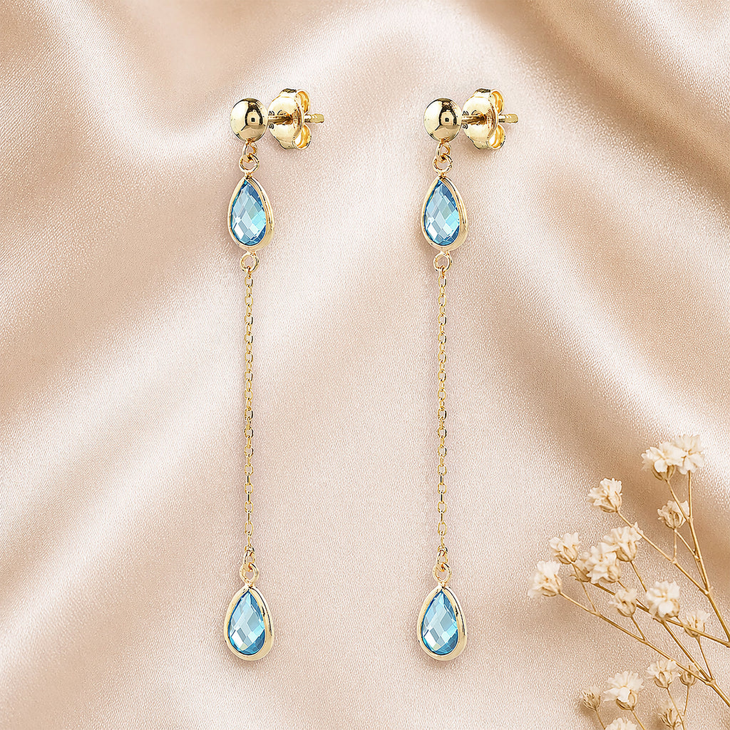 9ct Yellow Gold Blue Pear Cut Cubic Zirconia Drop Earrings – Trilogy Bezel Set Station Design