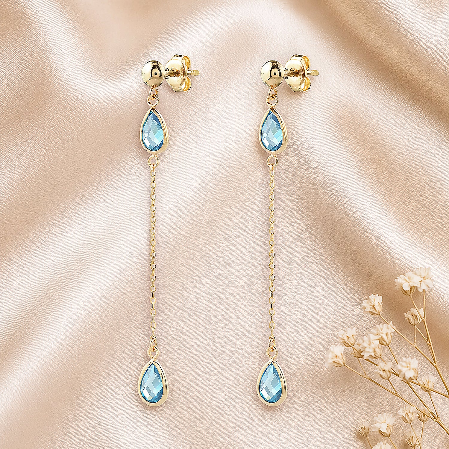 9ct Yellow Gold Blue Pear Cut Cubic Zirconia Drop Earrings – Trilogy Bezel Set Station Design