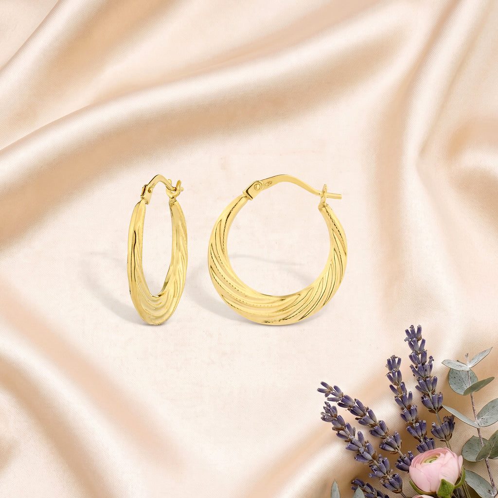 9ct Yellow Gold Patterned Oval Creole Earrings