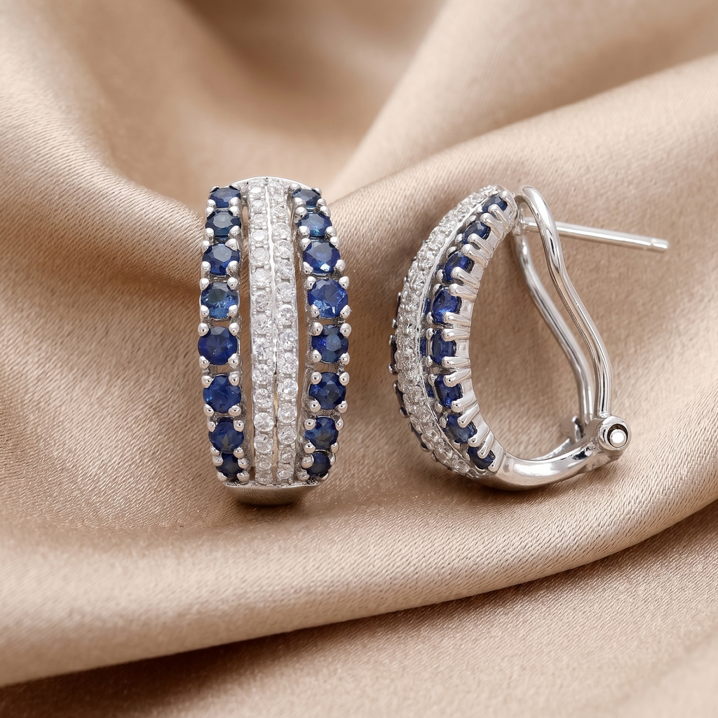 Round Natural Blue Sapphire and Diamond Small Hoop Earrings