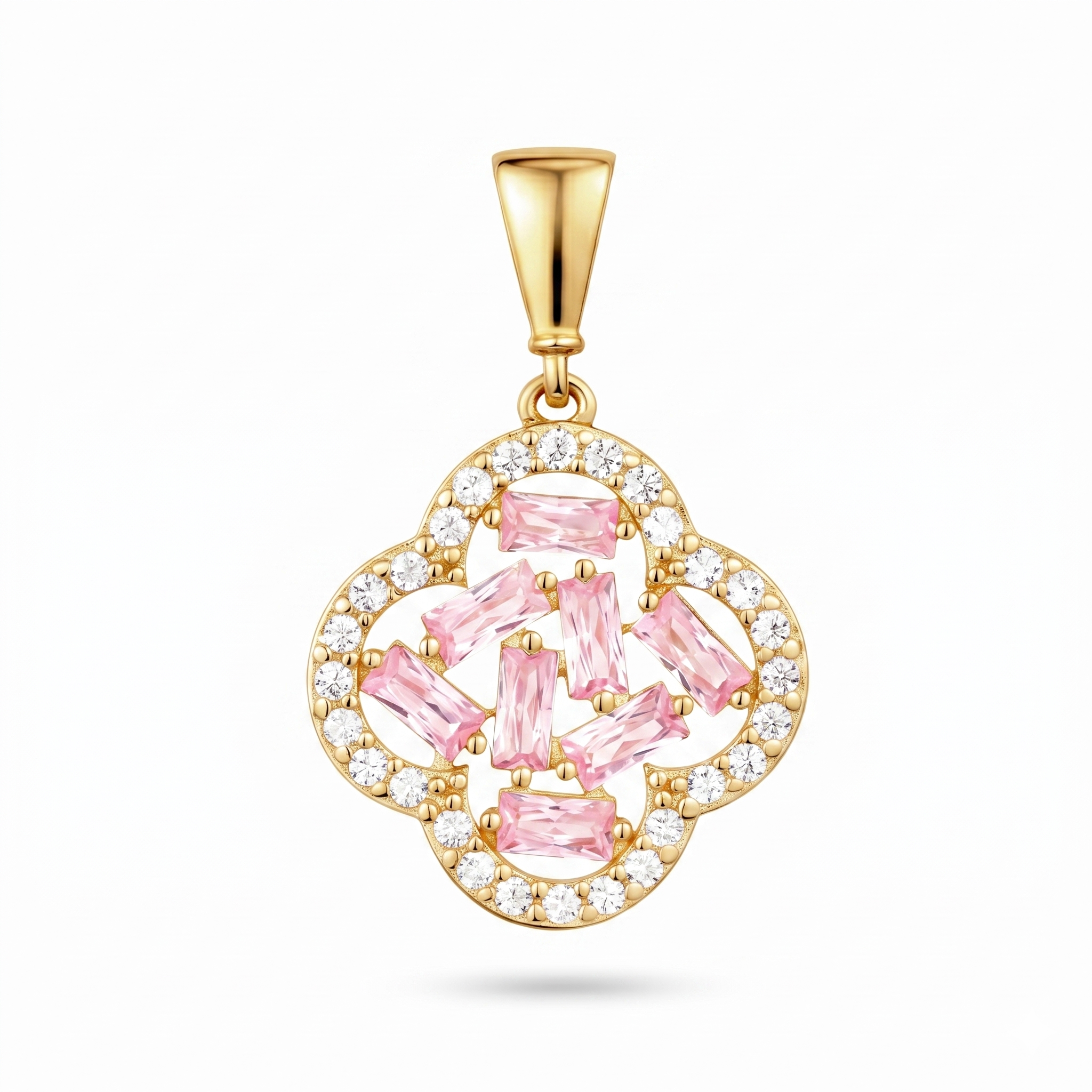 9ct Yellow Gold Pink Cubic Zirconia Baguette Quatrefoil Pendant