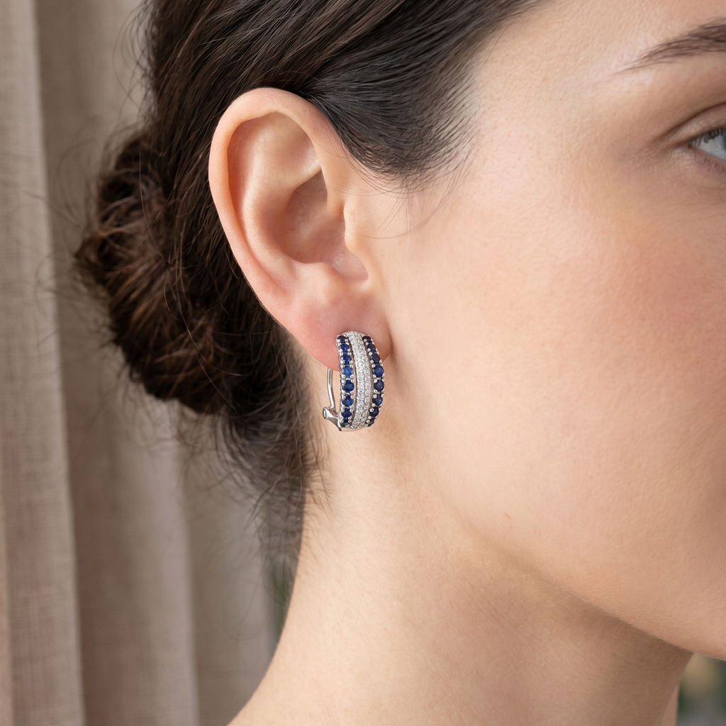 Round Natural Blue Sapphire and Diamond Small Hoop Earrings