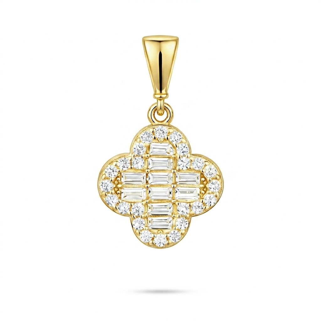 9ct Yellow Gold Cubic Zirconia Baguette Quatrefoil Pendant