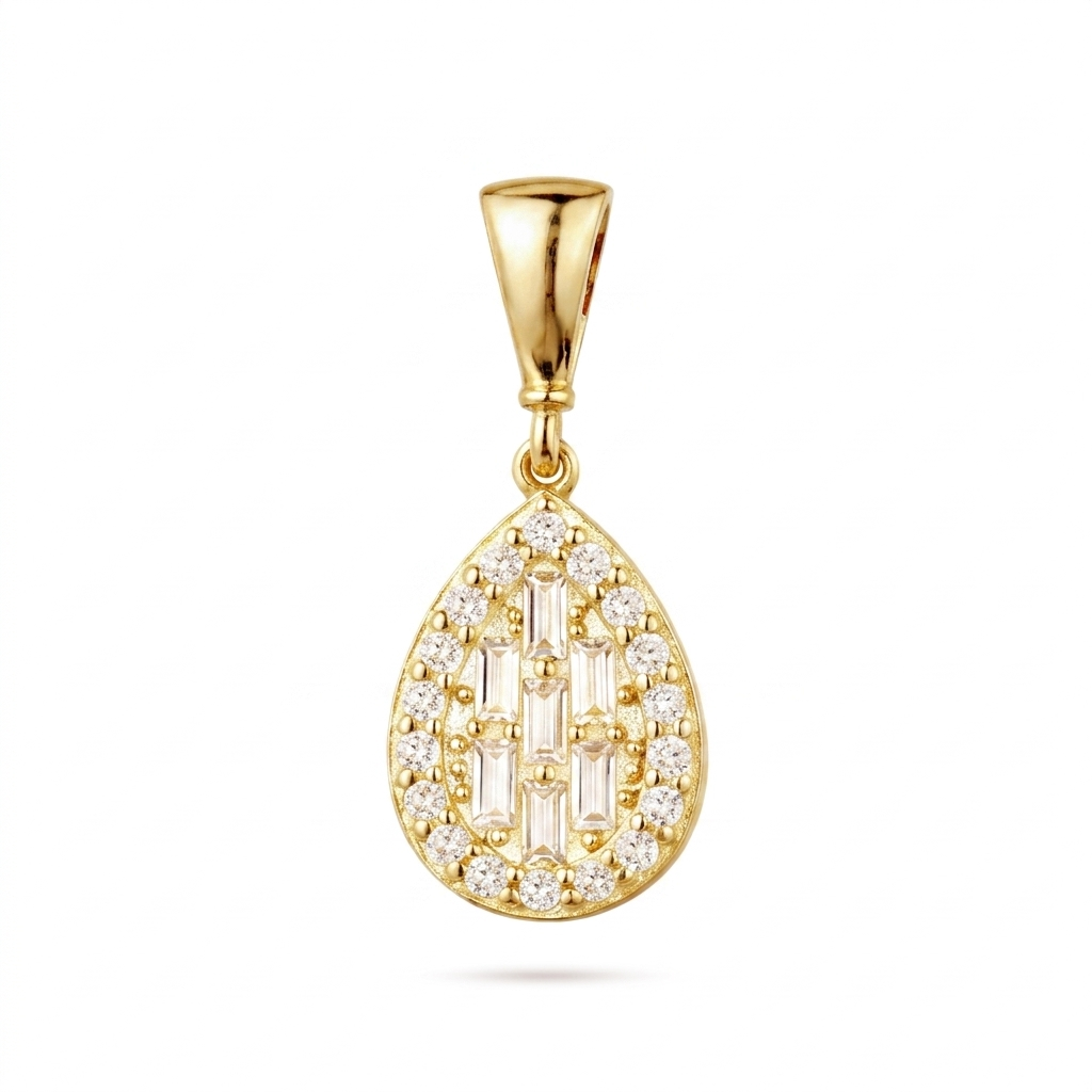 9ct Yellow Gold Cubic Zirconia Baguette Pear Halo Pendant