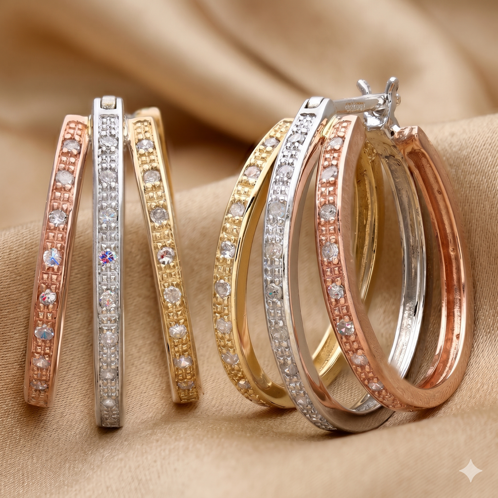 9ct Tri Colour Gold 0.20 Carat Natural Diamond Small Hoop Earrings