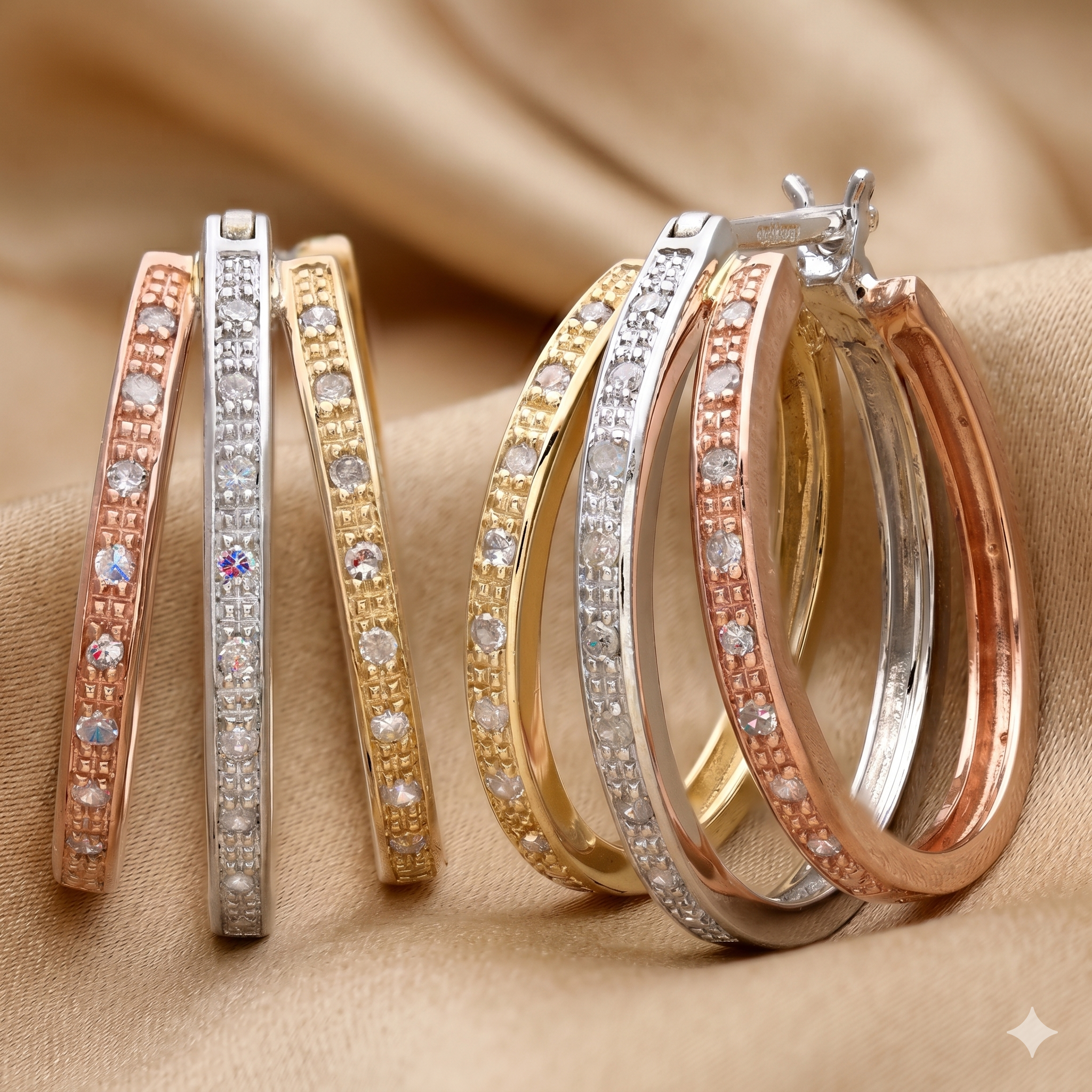 9ct Tri Colour Gold 0.20 Carat Natural Diamond Small Hoop Earrings