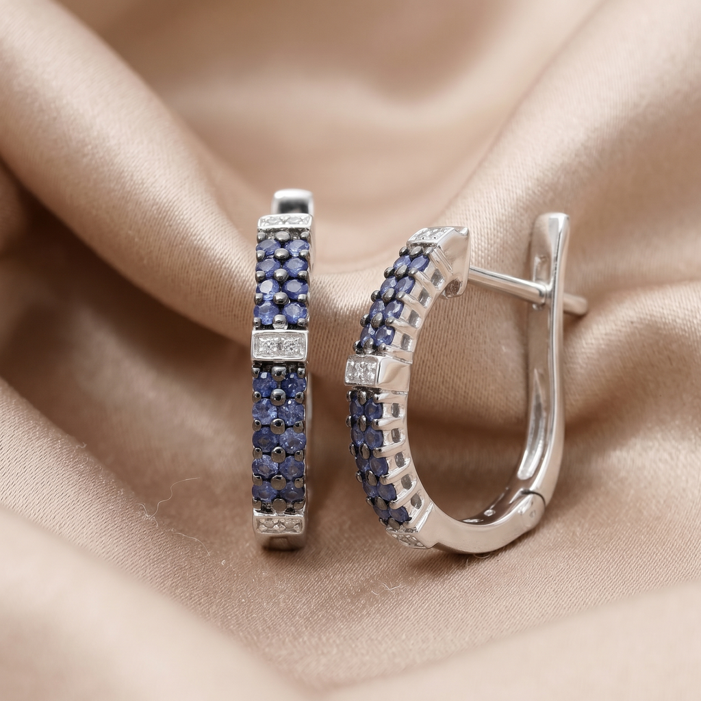 Round Natural Blue Sapphire and Diamond Small Hoop Earrings