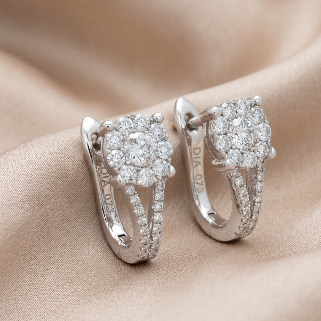 18ct White Gold 0.75 Carat Natural Diamond Halo Mini Hoops
