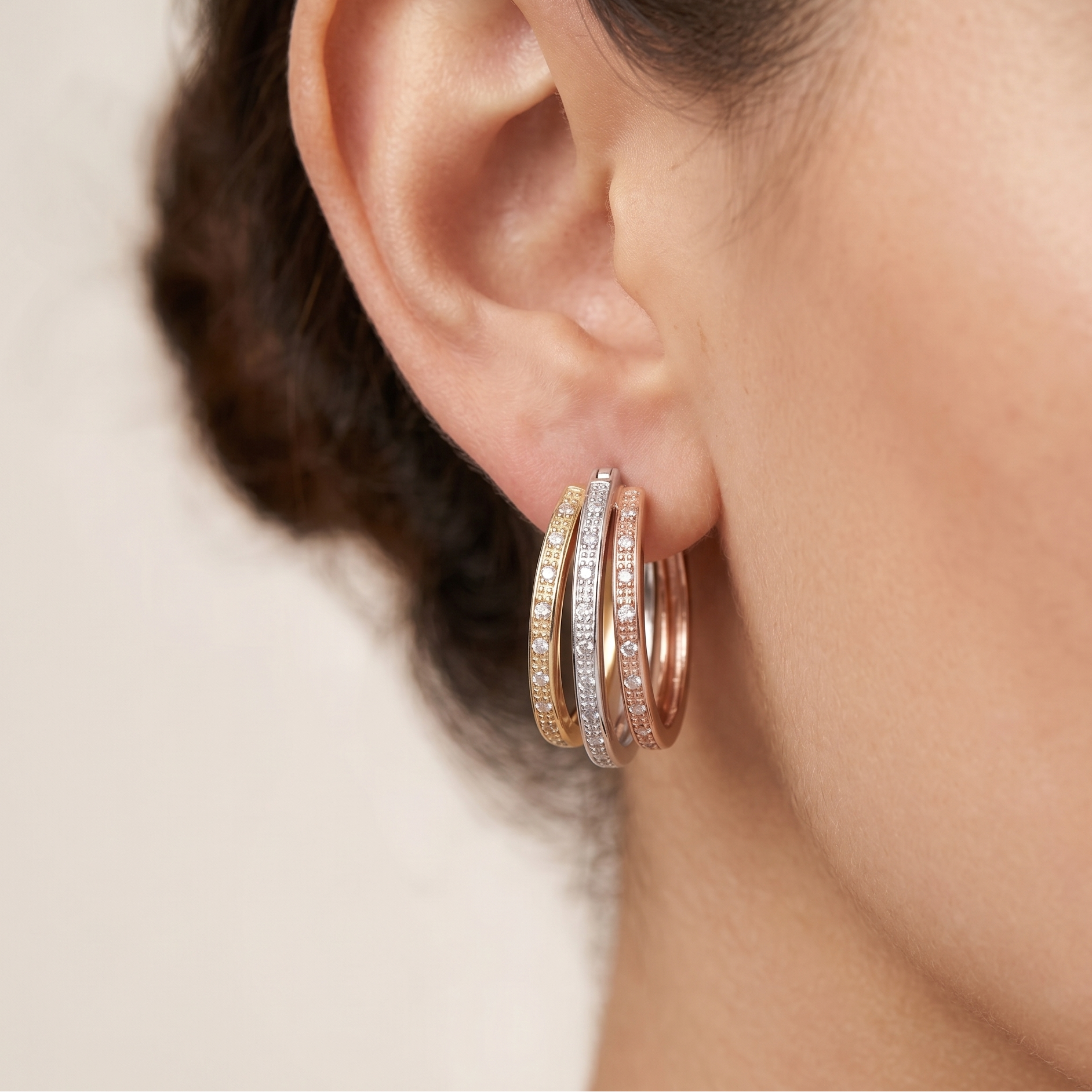 9ct Tri Colour Gold 0.20 Carat Natural Diamond Small Hoop Earrings