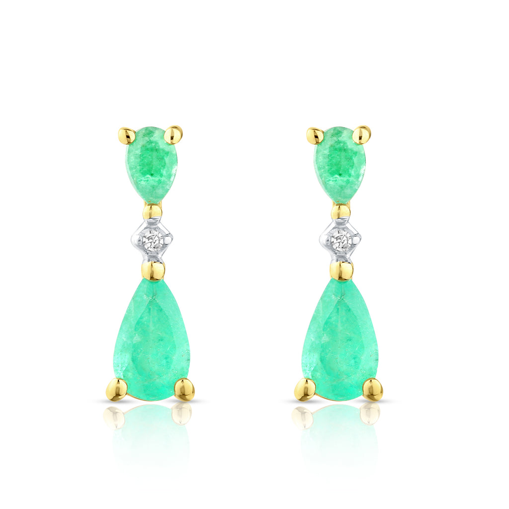 9ct Yellow Gold Pear Emerald and Diamond Drop Earrings