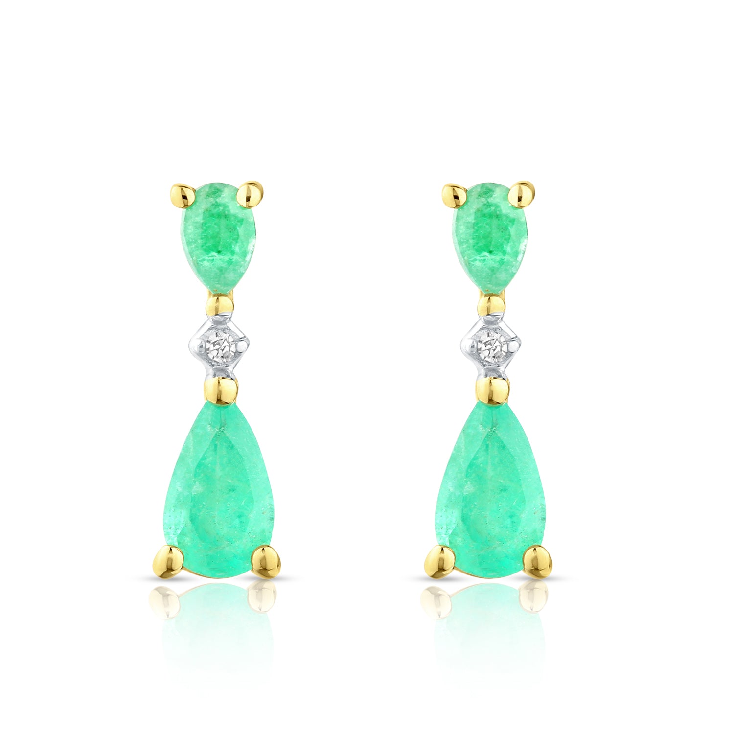 9ct Yellow Gold Pear Emerald and Diamond Drop Earrings