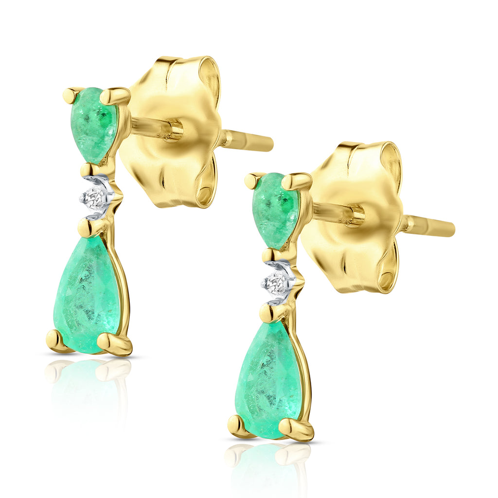 9ct Yellow Gold Pear Emerald and Diamond Drop Earrings