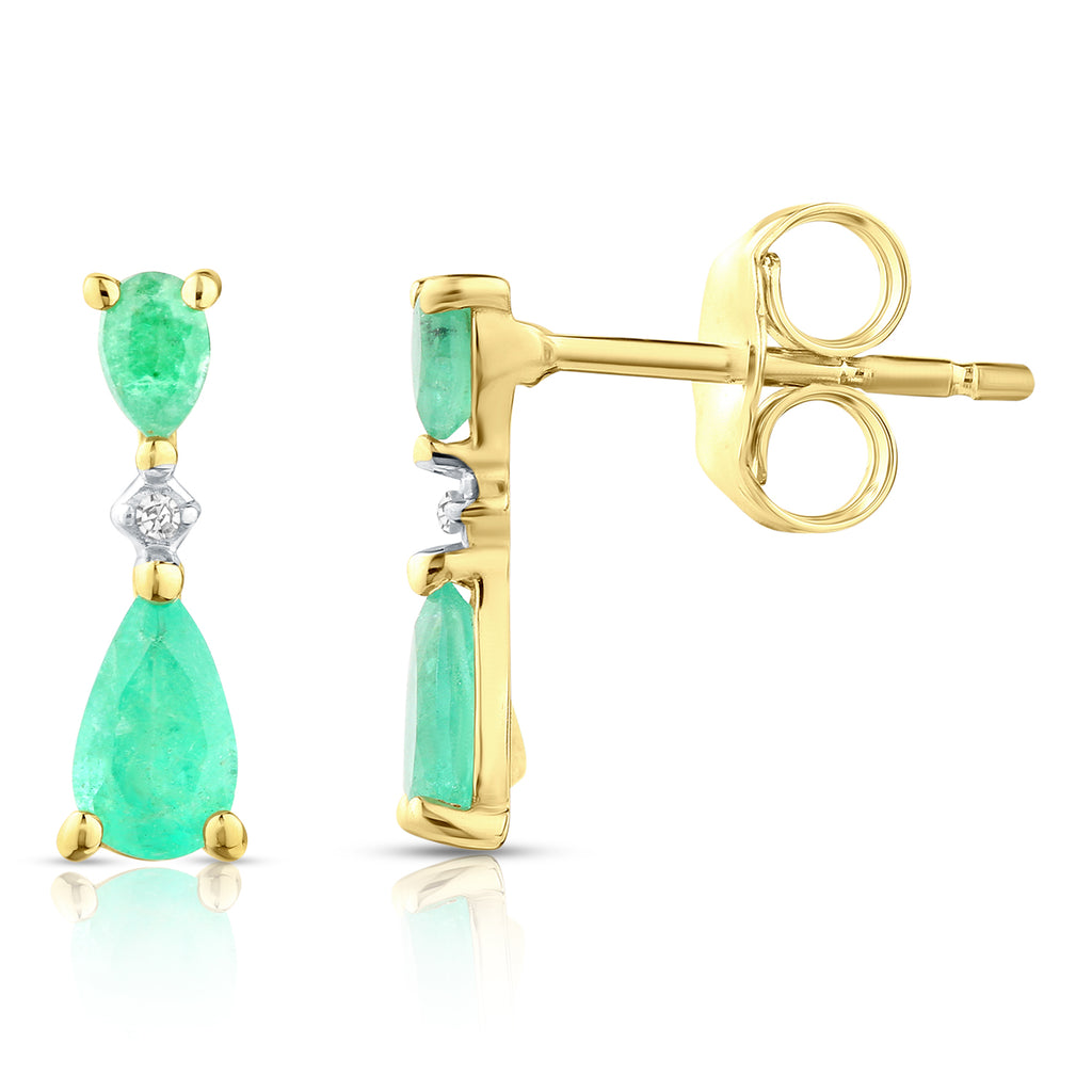 9ct Yellow Gold Pear Emerald and Diamond Drop Earrings