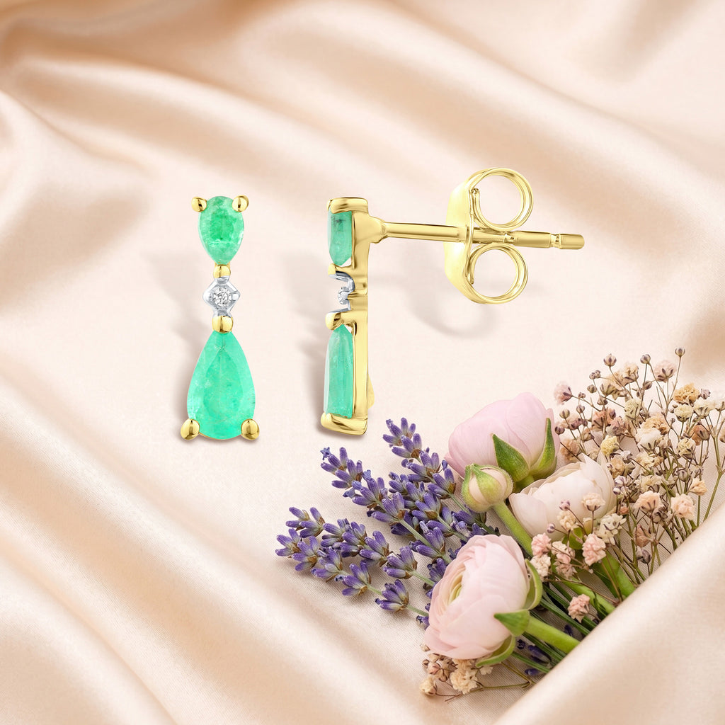 9ct Yellow Gold Pear Emerald and Diamond Drop Earrings