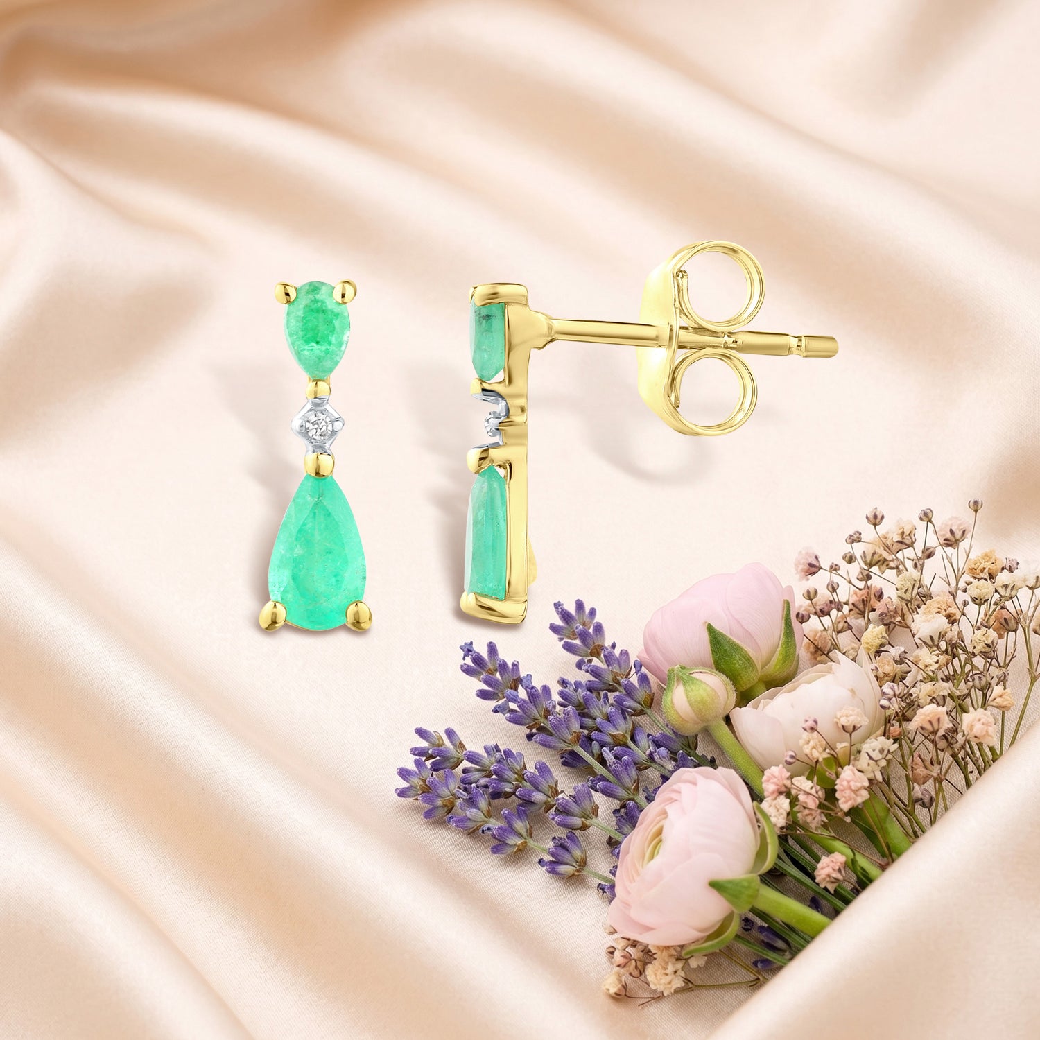 9ct Yellow Gold Pear Emerald and Diamond Drop Earrings
