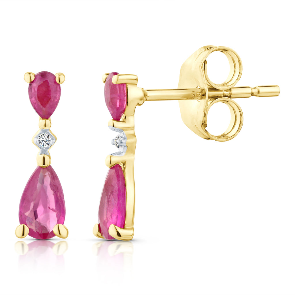 9ct Yellow Gold Pear Ruby and Diamond Drop Earrings