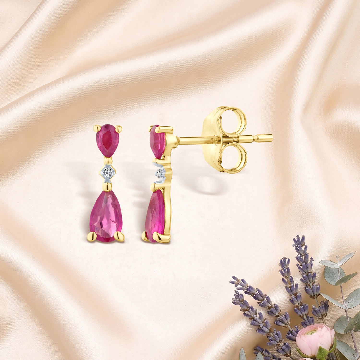 9ct Yellow Gold Pear Ruby and Diamond Drop Earrings