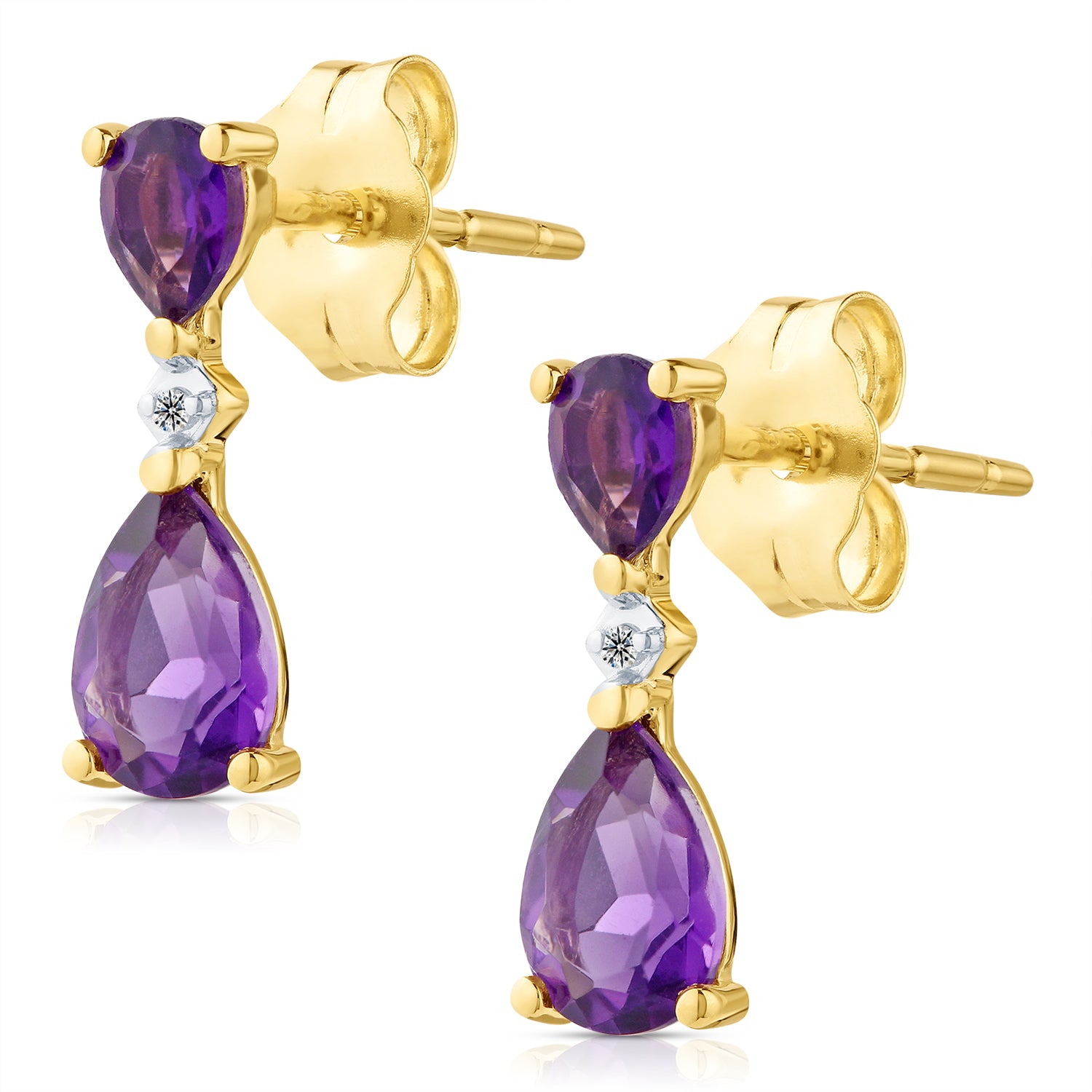 9ct Yellow Gold Pear Amethyst and Diamond Drop Earrings