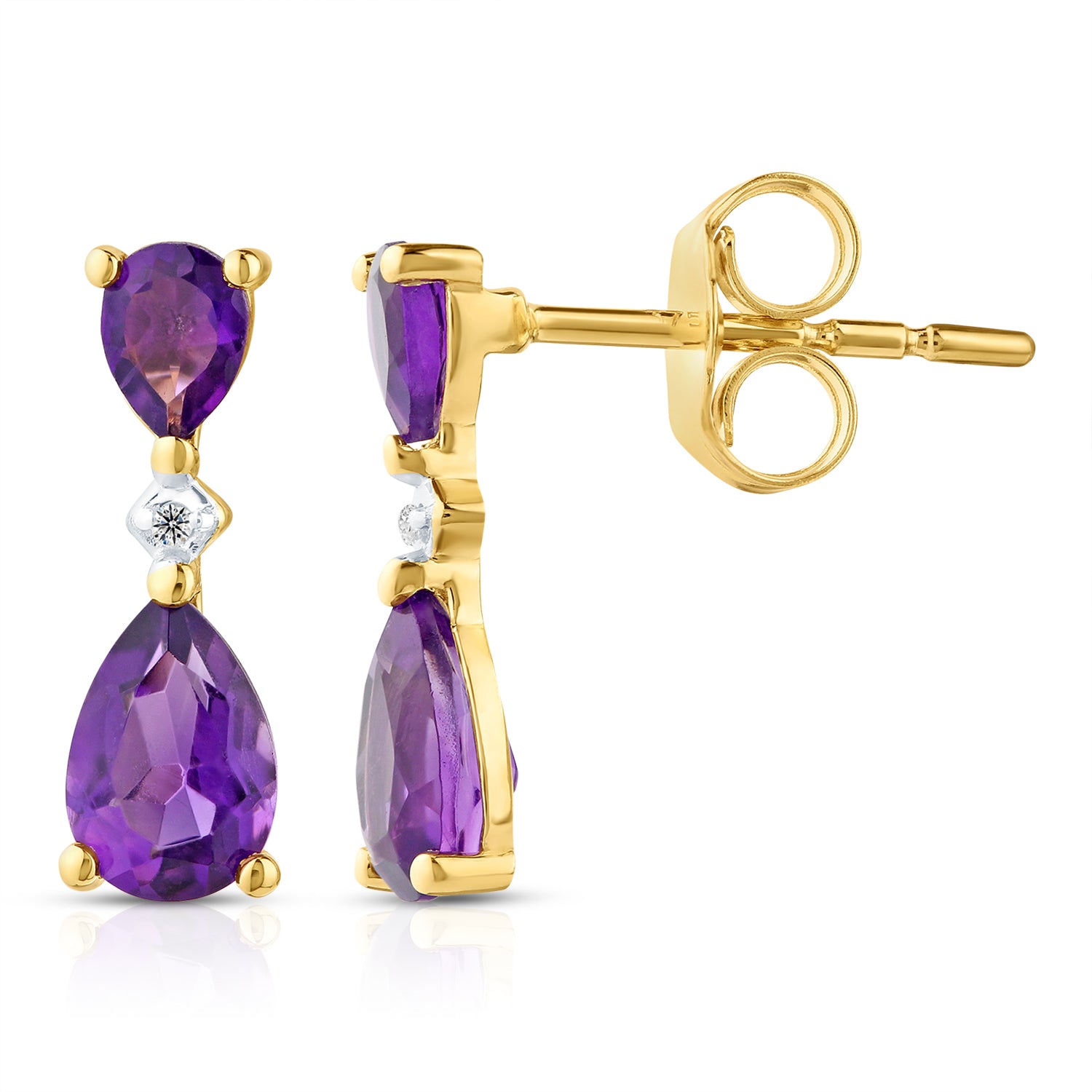 9ct Yellow Gold Pear Amethyst and Diamond Drop Earrings