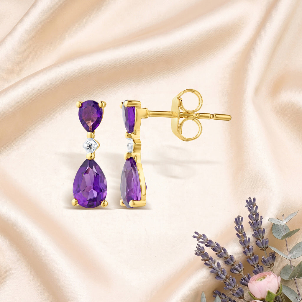 9ct Yellow Gold Pear Amethyst and Diamond Drop Earrings