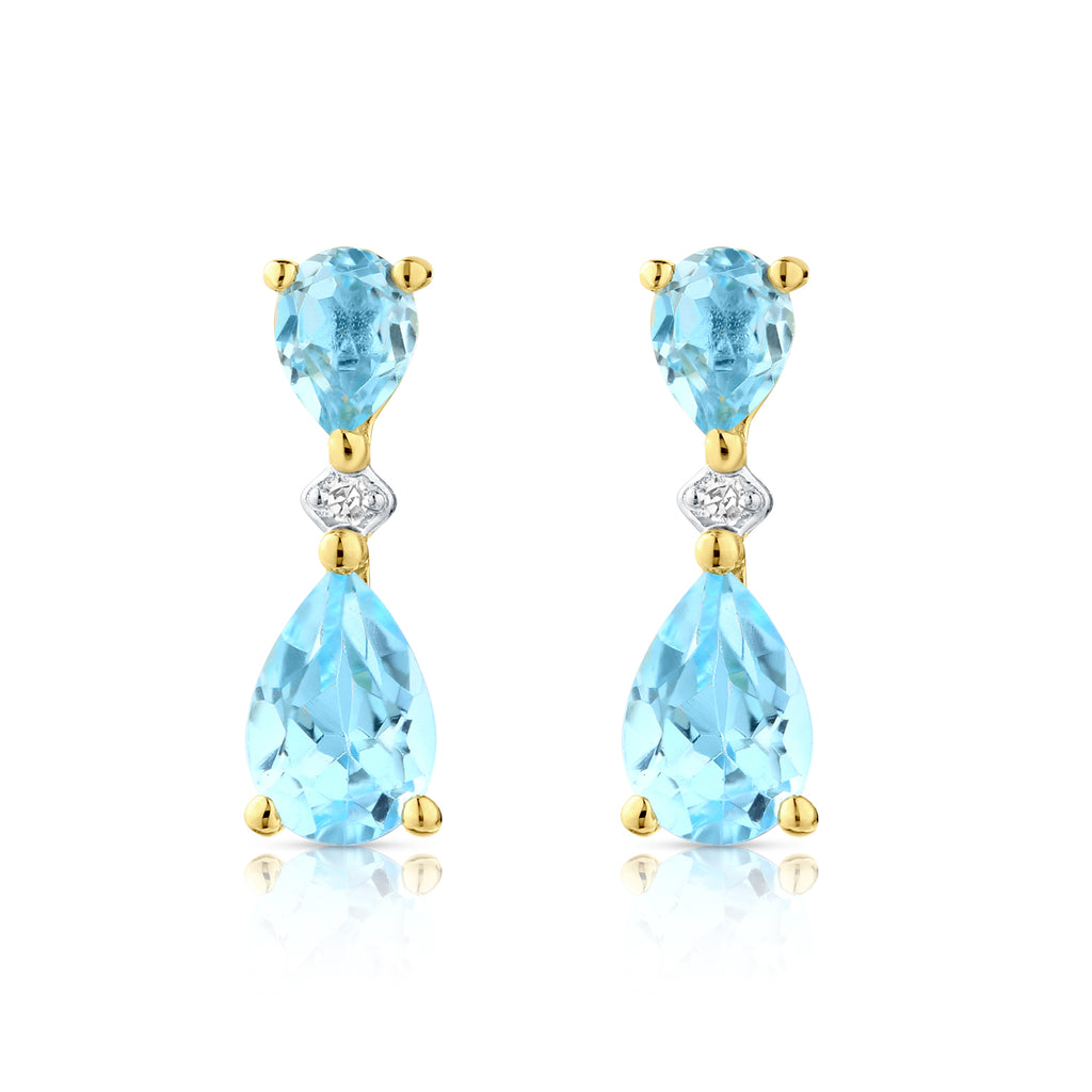 9ct Yellow Gold Pear Blue Topaz and Diamond Drop Earrings