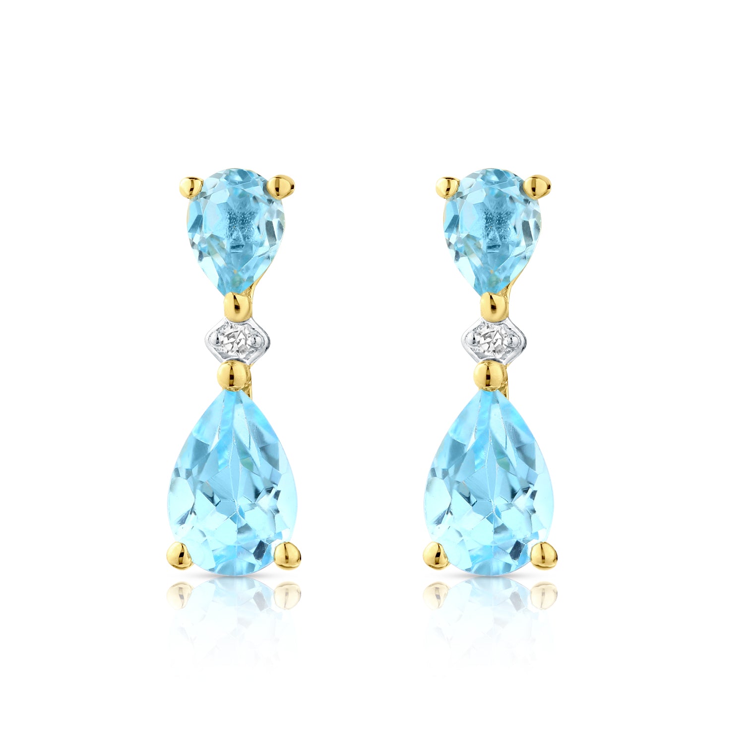 9ct Yellow Gold Pear Blue Topaz and Diamond Drop Earrings