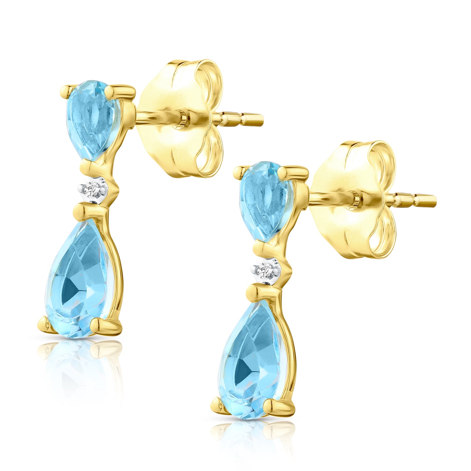 9ct Yellow Gold Pear Blue Topaz and Diamond Drop Earrings