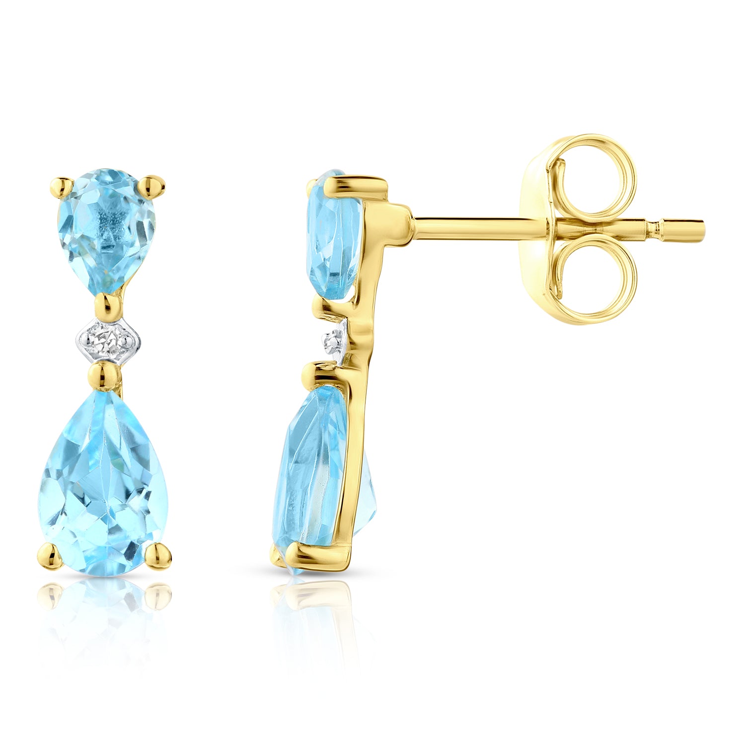9ct Yellow Gold Pear Blue Topaz and Diamond Drop Earrings