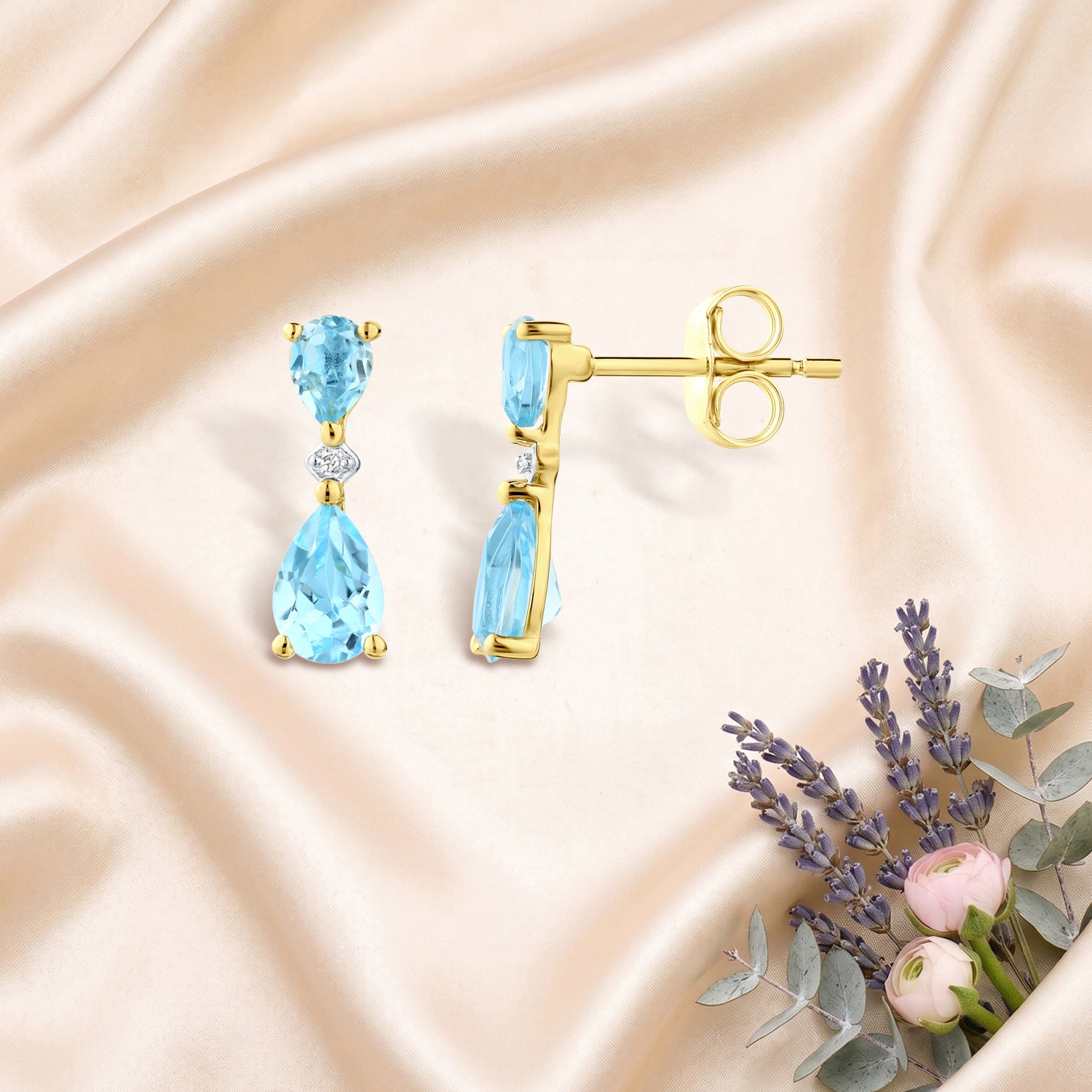 9ct Yellow Gold Pear Blue Topaz and Diamond Drop Earrings