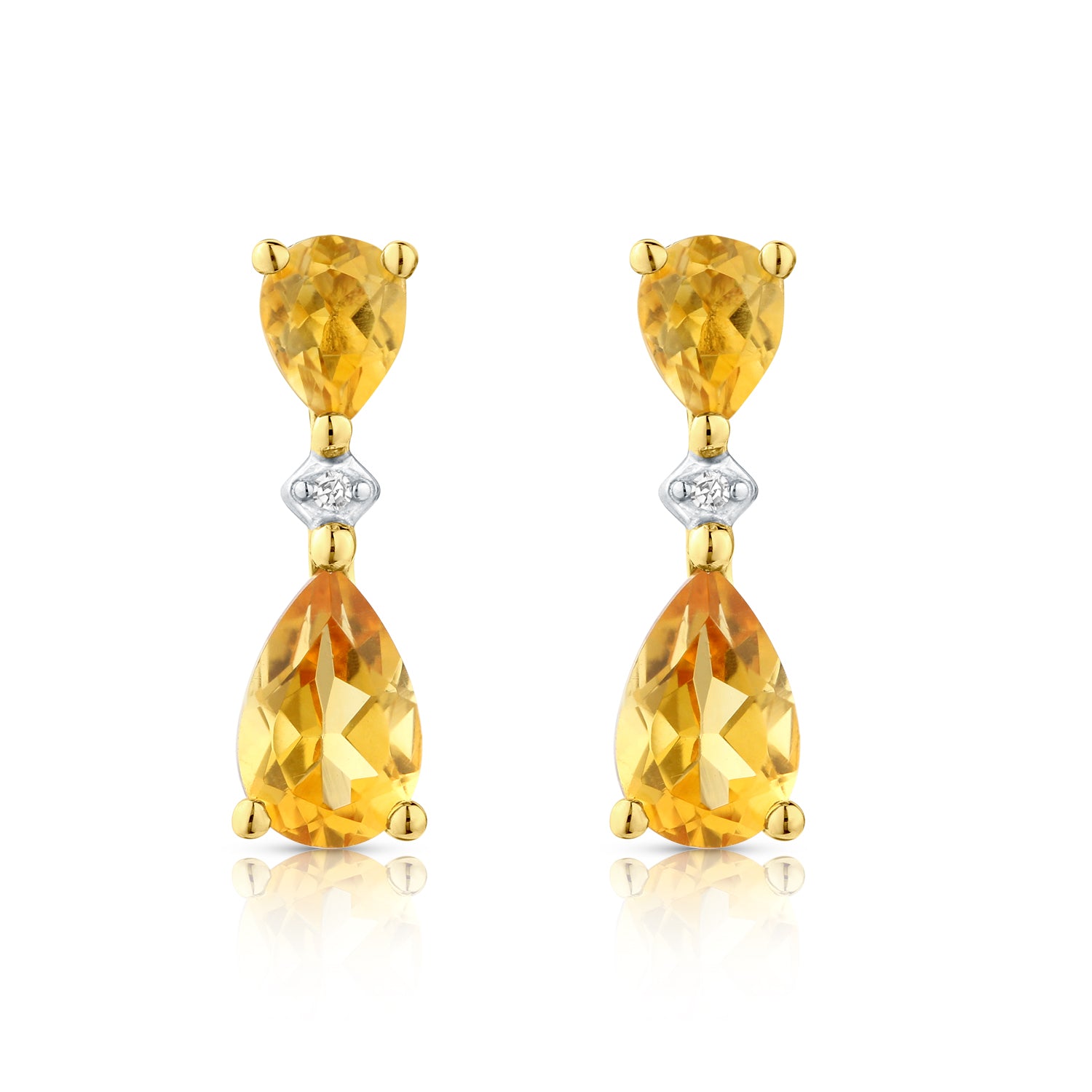 9ct Yellow Gold Pear Citrine and Diamond Drop Earrings
