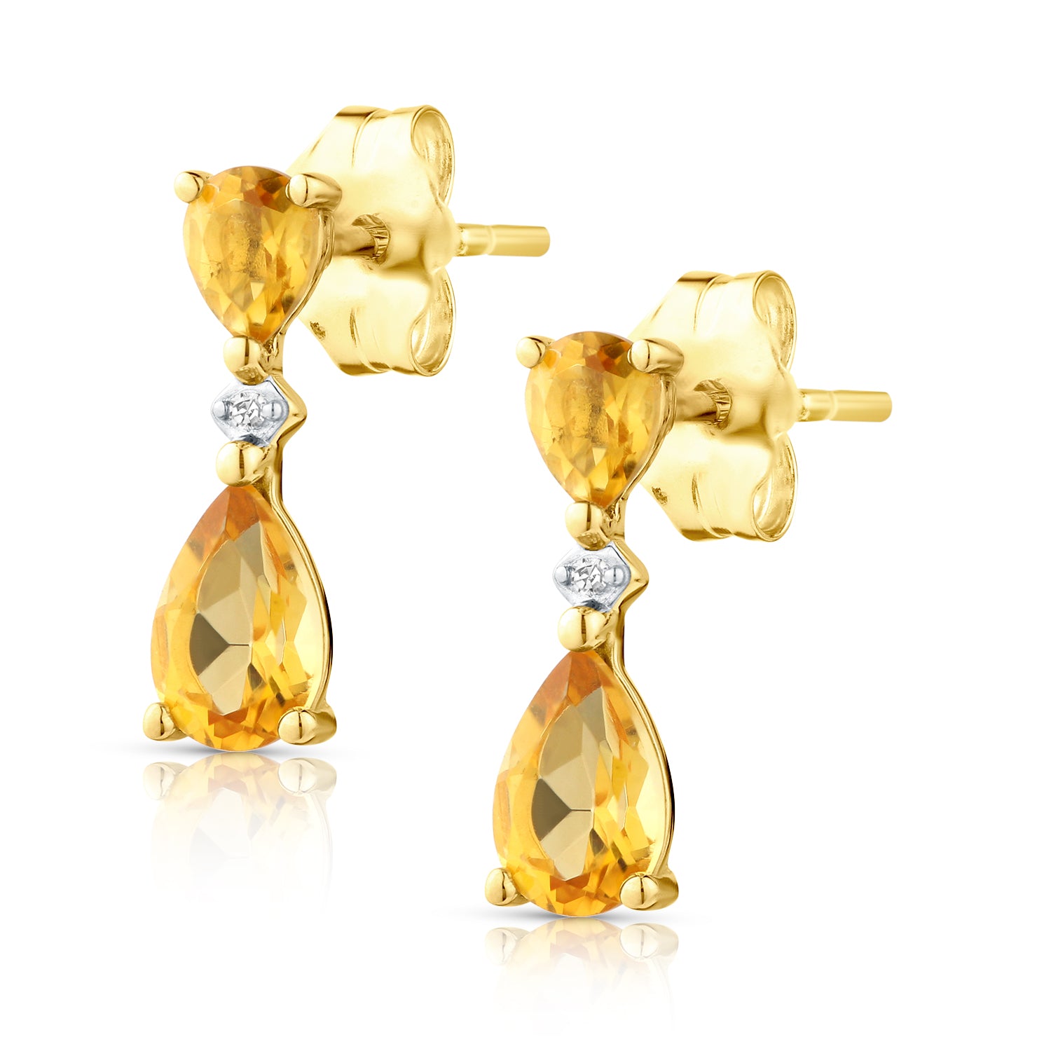 9ct Yellow Gold Pear Citrine and Diamond Drop Earrings