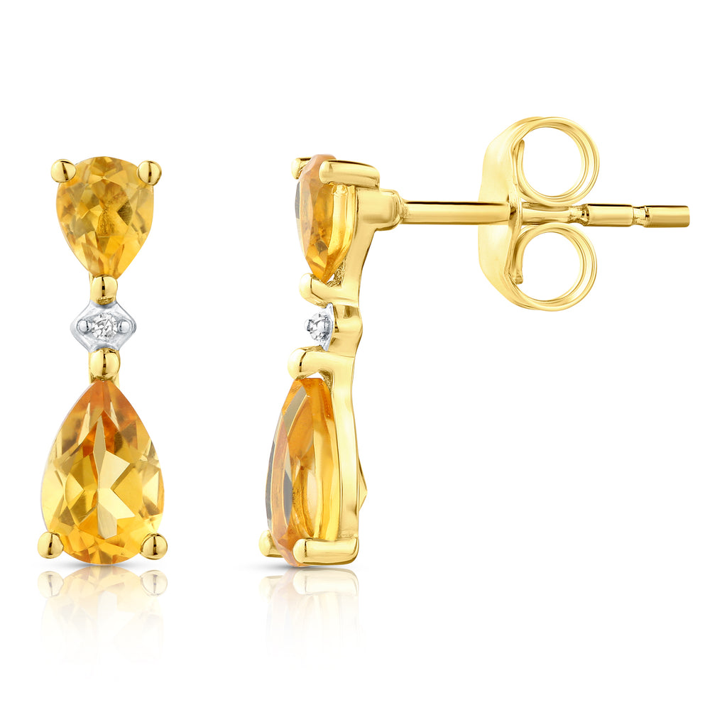 9ct Yellow Gold Pear Citrine and Diamond Drop Earrings