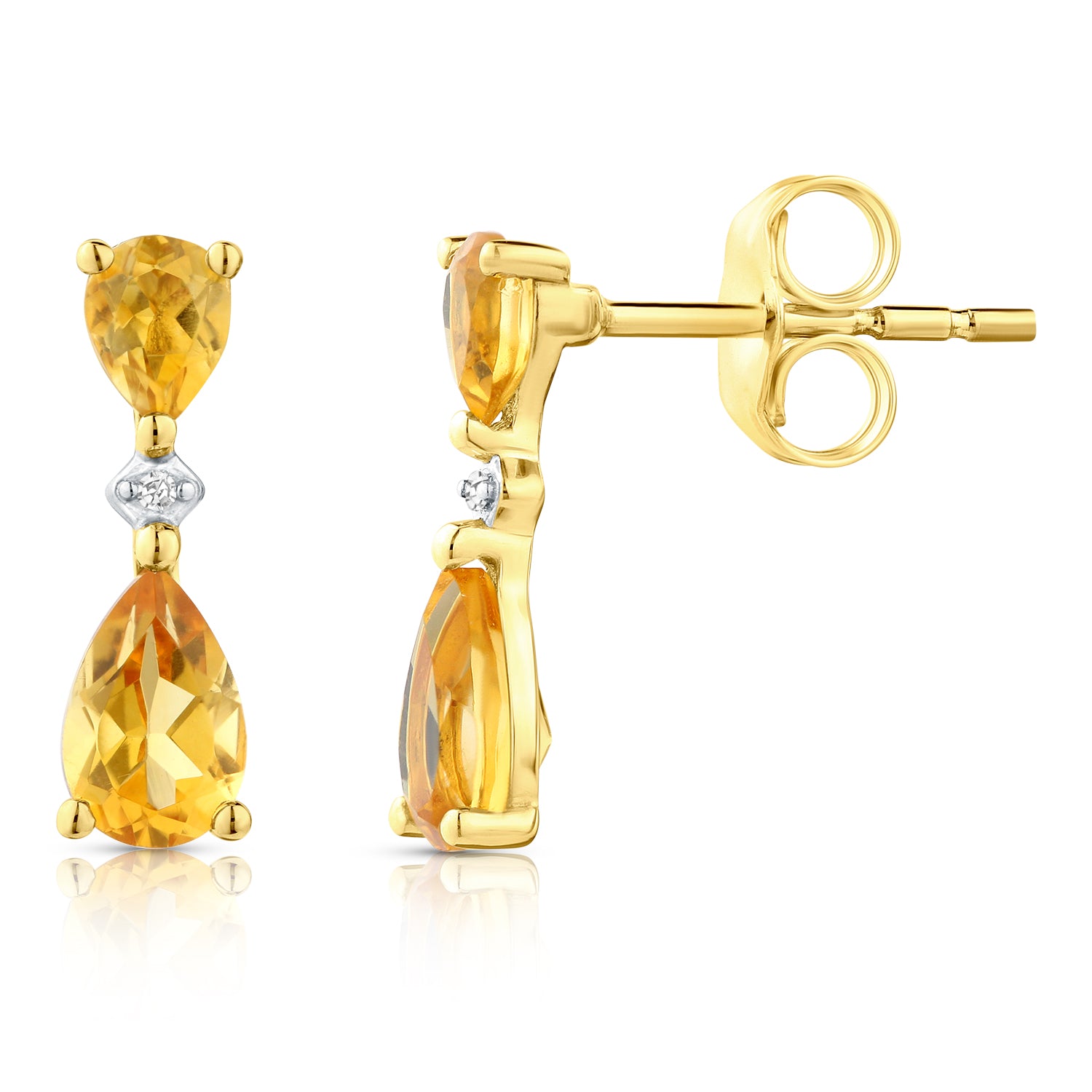 9ct Yellow Gold Pear Citrine and Diamond Drop Earrings