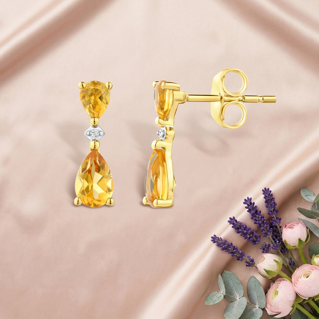9ct Yellow Gold Pear Citrine and Diamond Drop Earrings